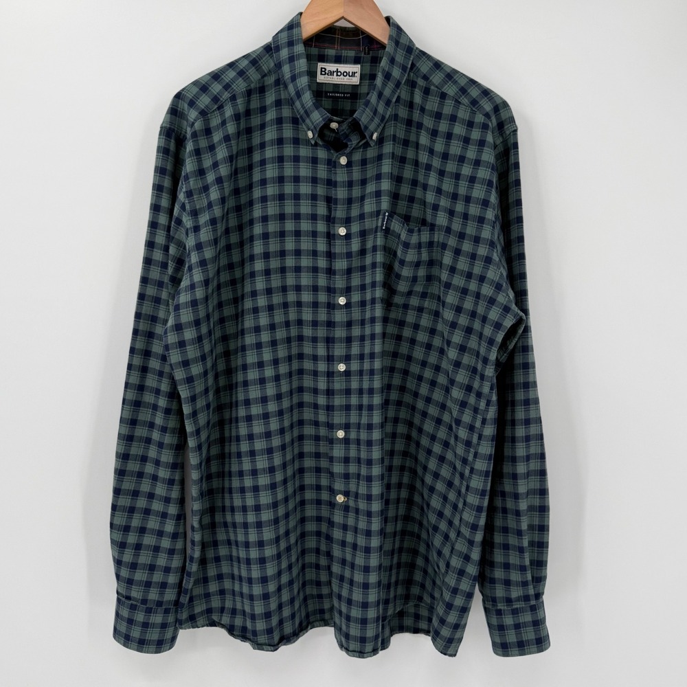 Men's Barbour Country Check 14 Tailored Fit Shirt US XL Green Navy Plaid